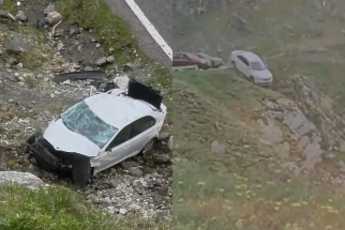 Incident grav pe Transfăgărăşan. O mașină parcată a căzut într-o râpă. Întregul moment, surpins VIDEO